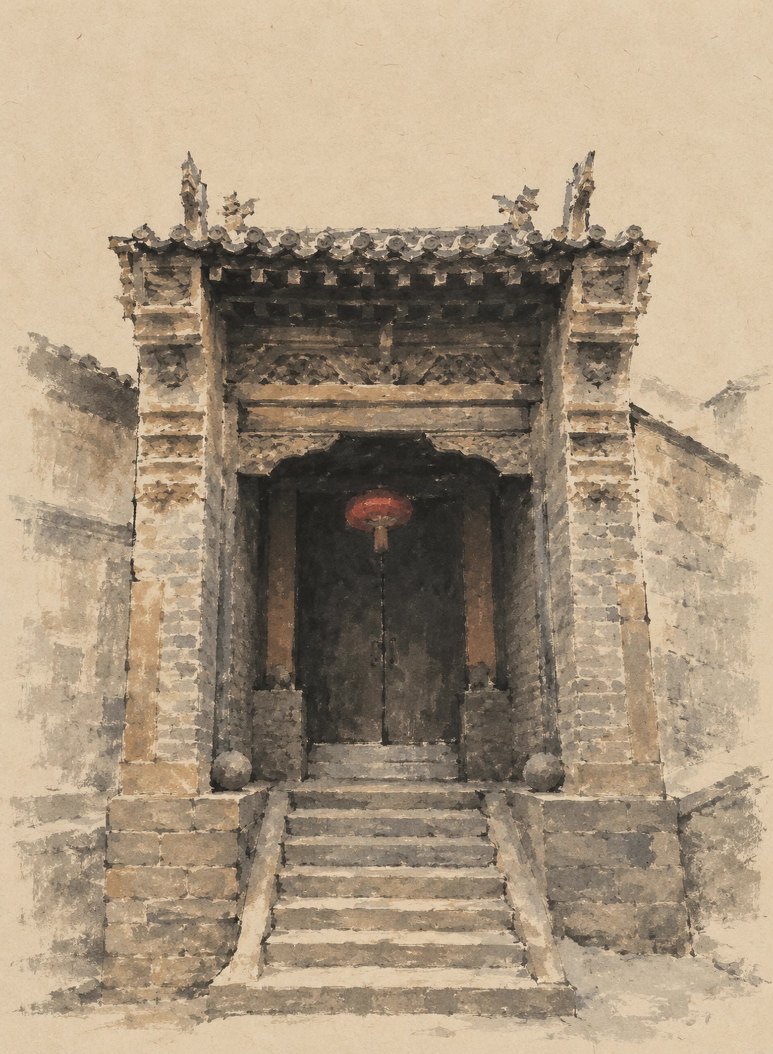 党仲雍院的大门 · 据照片作 · 施色 合成 · 定稿 书匠