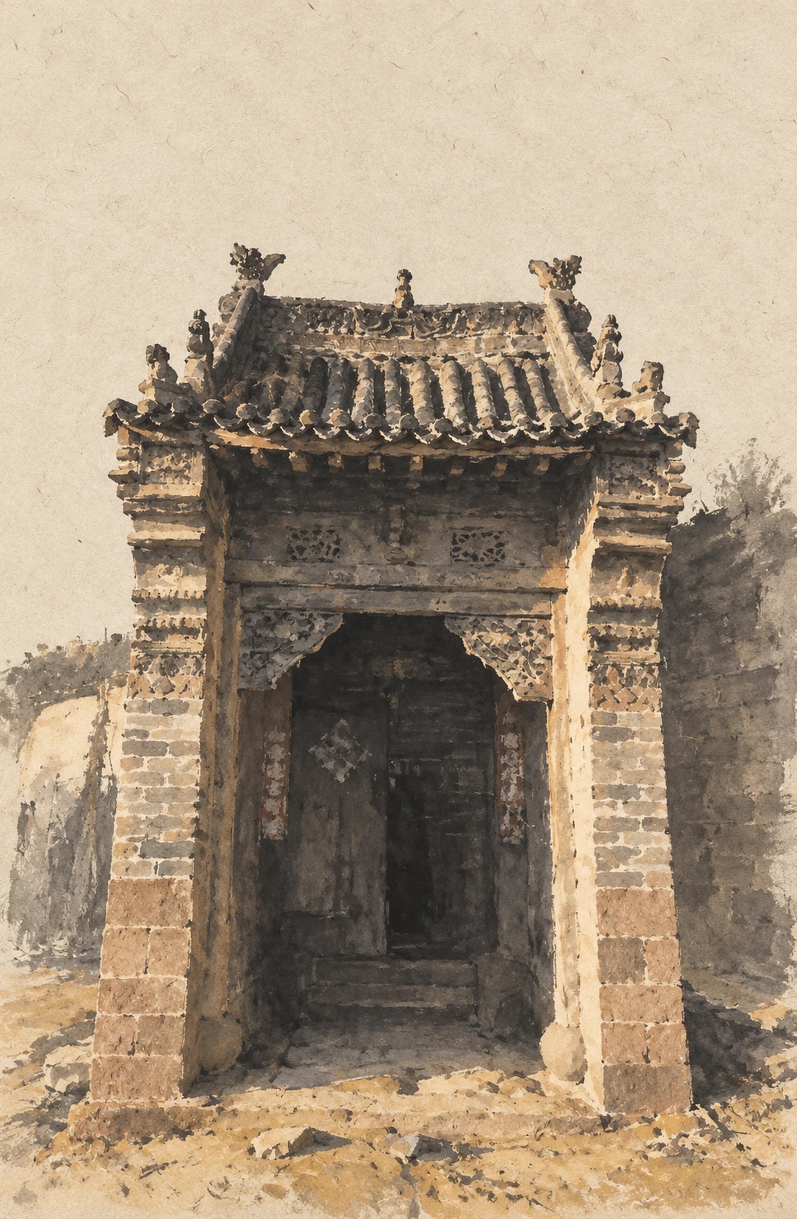 高家大院的大门 · 据照片作 · 施色 合成 · 定稿 书匠